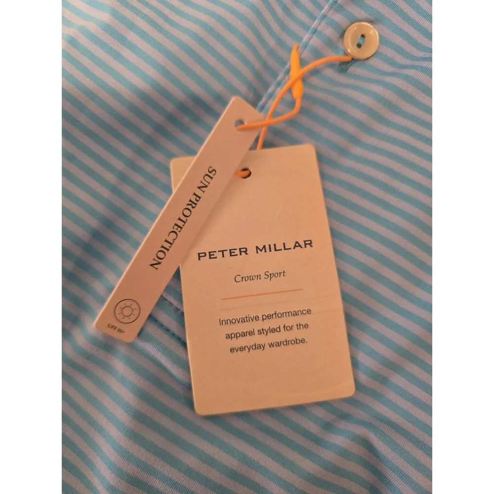 Peter Millar Mens SZ XL Caribbean Blue Striped Performance Polo Mens Logo NWT - Picture 5 of 5
